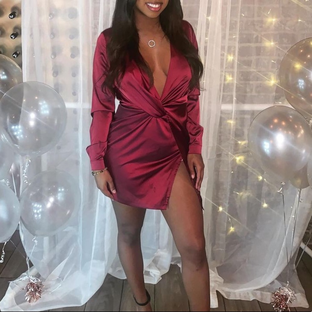 Burgundy Satin Long Sleeve Dress